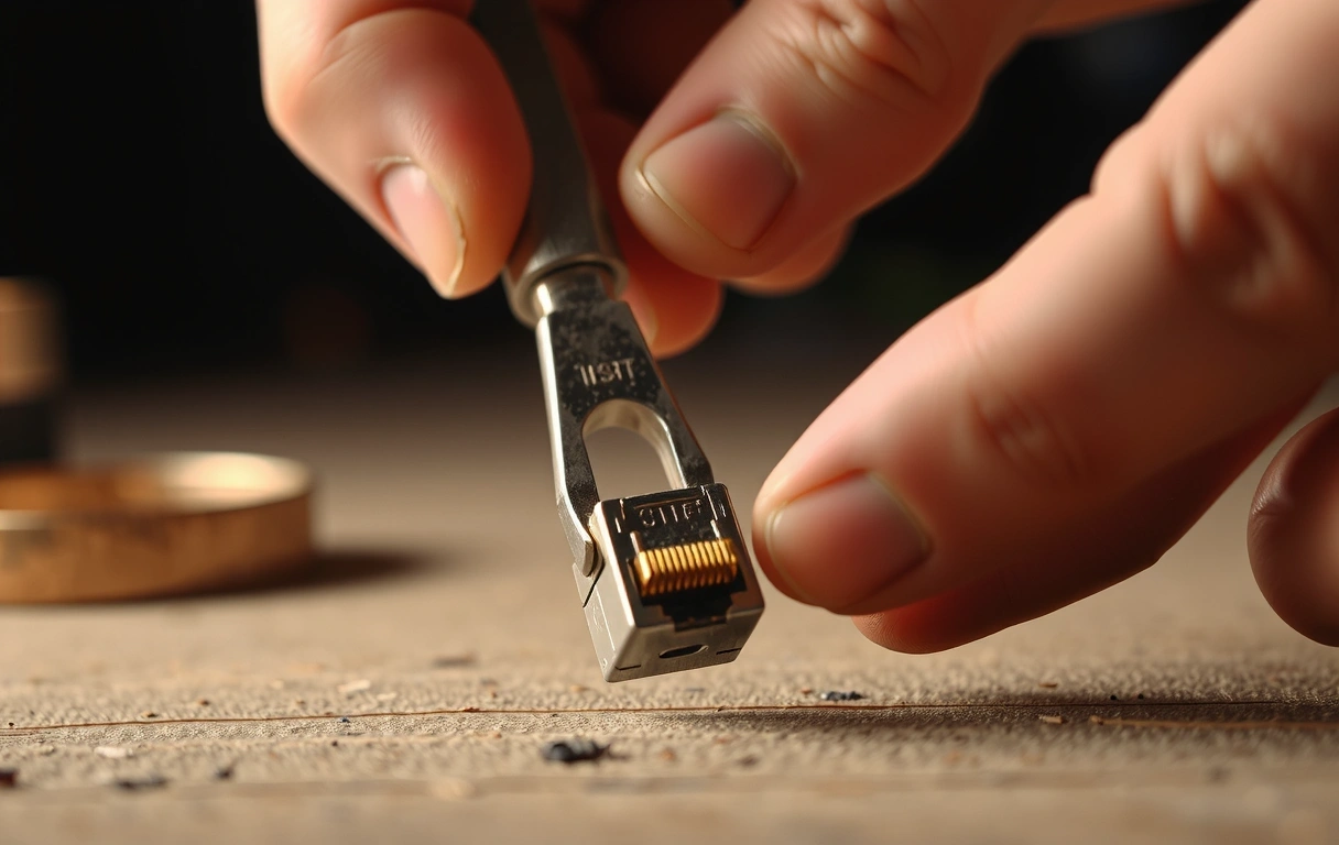 Mani che crimpano un connettore di rete con precisione artigianale